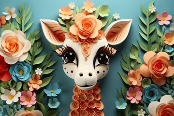 A stunning paper giraffe surrounded by an array of vibrant flowers creates a whimsical atmosphere