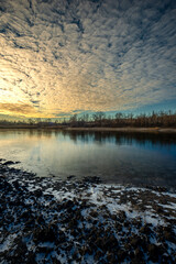 Winter landscape on the pond,frozen pond,blue colors .Landscape with water and ground.Reed on the beach , frozen lake at the morning with sunlights on the sky.Beautiful clouds in the sky,cold and snow
