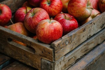 Freshly harvested red apples displayed in a rustic wooden crate at a farm market in autumn