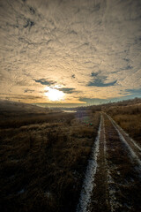 Winter forest with hunting cabin, trees in t he forest,morning with clouds in t he sky,beautiful colors , forest and water , winter landscape . Frozen lake and road to the forest.Orange and blue color