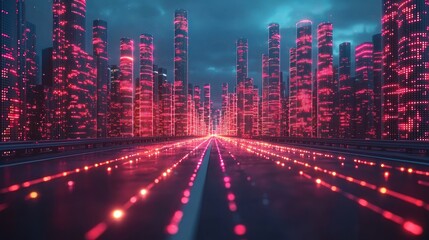 Obraz premium Neon Cityscape: A Futuristic Highway Leading to a Glowing Metropolis