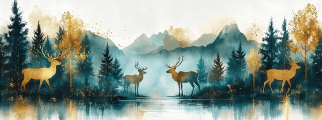 Deer forest art animal background pattern floral tree winter cute. Forest design art deer seamless illustration woodland autumn abstract watercolor wildlife wallpaper flower golden print bird wild oil