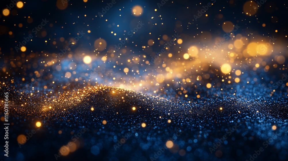 Poster a mesmerizing abstract background with dark blue tones and shimmering gold particles scattered elega
