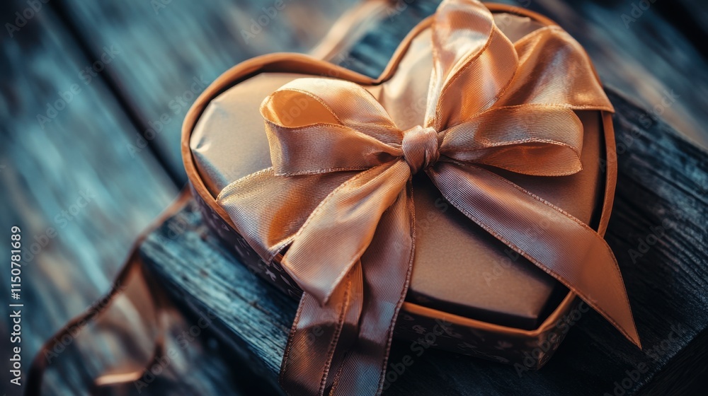 Wall mural Beautifully Wrapped Heart-Shaped Gift Box with Satin Bow on Rustic Wooden Background, Perfect for Romantic Occasions and Special Celebrations