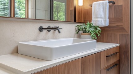 Modern Bathroom Vanity with White Sink and Walnut Cabinets