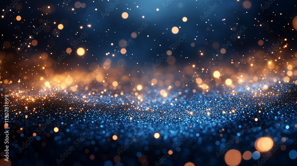 Poster a mesmerizing abstract background with dark blue tones and shimmering gold particles scattered elega