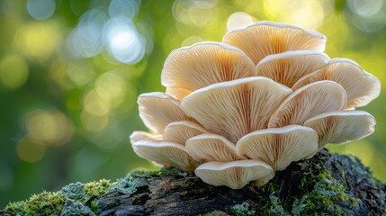 Delicate Mushroom Growing on Tree Log in Nature