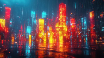 Obraz premium Neon Cityscape: A Futuristic Metropolis Under Rain