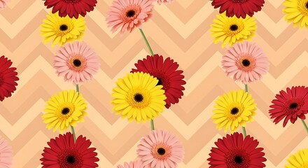 Vibrant yellow, red, and pink gerbera flowers on a chevron floral pattern background.  Pretty design.