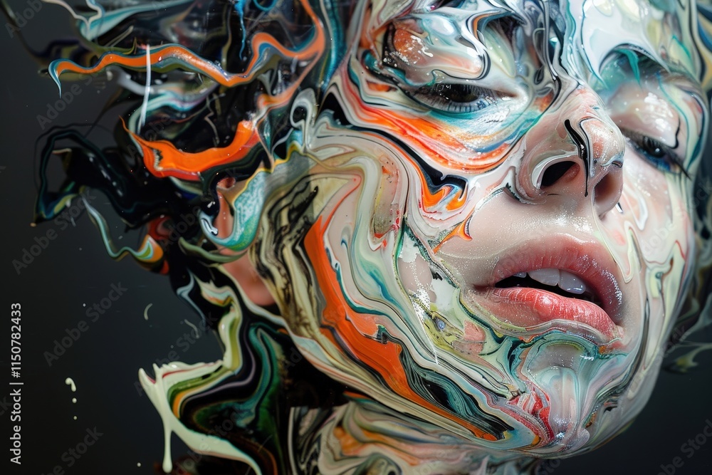 Poster Vibrant face paint art displayed on a model, showcasing intricate swirls of color and texture in a close-up view during a creative event