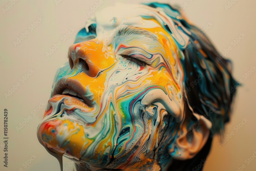 Poster Vibrant face paint art displayed on a model, showcasing intricate swirls of color and texture in a close-up view during a creative event