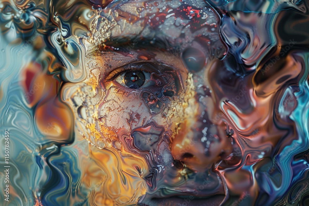 Poster Vibrant face paint art displayed on a model, showcasing intricate swirls of color and texture in a close-up view during a creative event