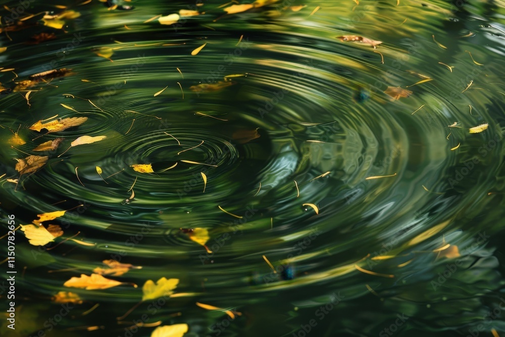 Poster swirling water with fallen autumn leaves creating ripples in a serene pond during a peaceful afterno