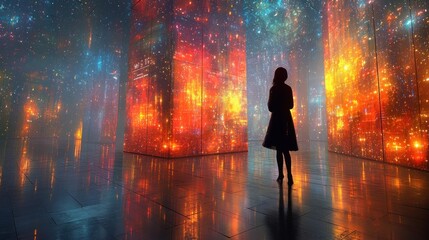 A Solitary Figure in a Futuristic Cityscape, Illuminated by Vibrant, Starry Displays