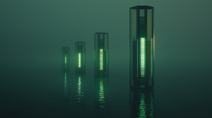 Glowing futuristic pillars in foggy water.