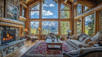 Luxurious log cabin living room with stunning mountain view through large windows, fireplace, and comfortable furniture.