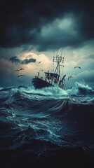 Stormy sea, small ship, birds flying.