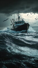 Fishing vessel navigates stormy ocean, birds fly.