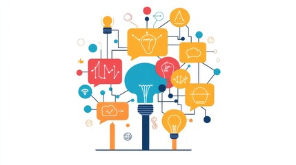 a creative mind map chart clipart, brainstorming process element, colorful connected nodes, flat design, isolated on white background 