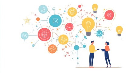 a creative mind map chart clipart, brainstorming process element, colorful connected nodes, flat design, isolated on white background 