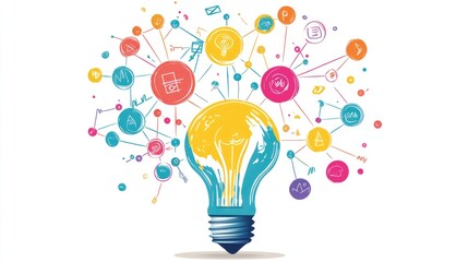 a creative mind map chart clipart, brainstorming process element, colorful connected nodes, flat design, isolated on white background 