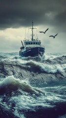 Stormy sea; ship braves powerful waves; birds fly overhead.