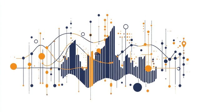 a flat column and line overlay chart clipart, hybrid graph element, corporate style, navy and orange, isolated on white background
