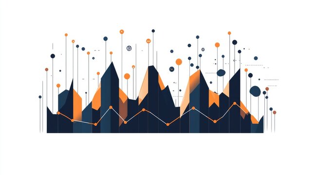 a flat column and line overlay chart clipart, hybrid graph element, corporate style, navy and orange, isolated on white background