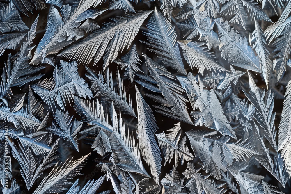 Poster intricate frost patterns form on a window at dawn, showcasing nature's artistry in winter