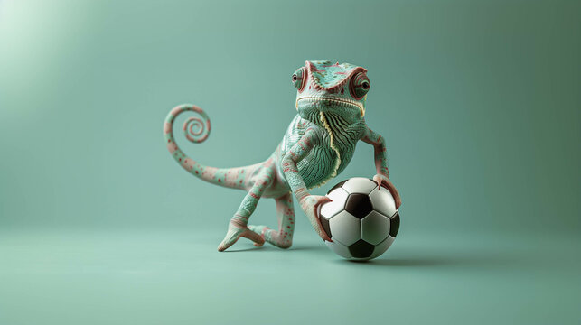 Chameleon with a soccer ball on a bright background, minimal concept