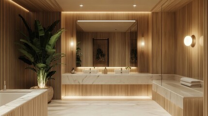Modern Bathroom with Wooden Walls and Marble Countertop