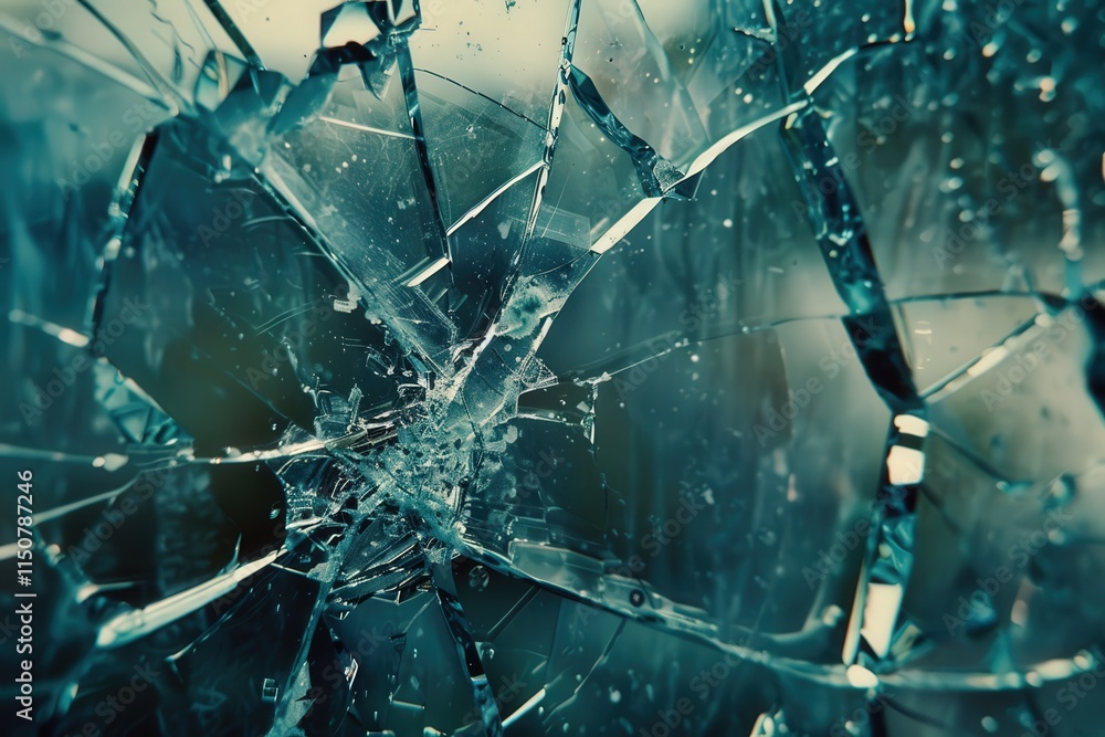 Poster shattered glass pieces create intricate patterns reflecting light in monochrome tones near a window