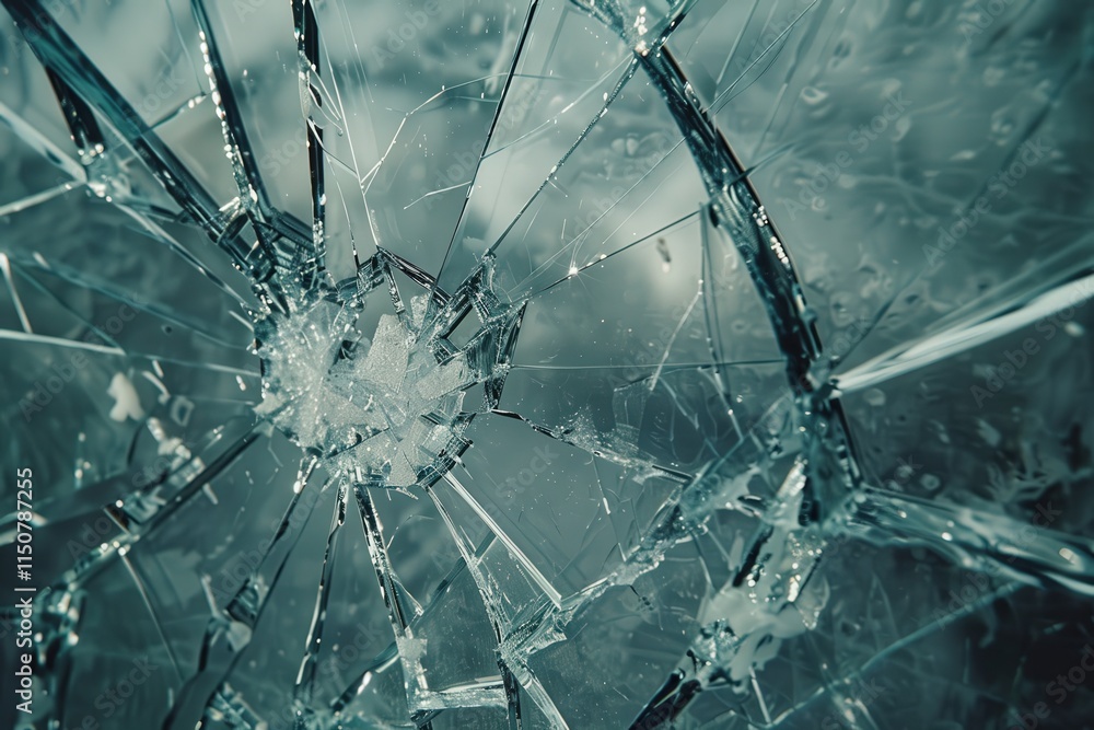Poster shattered glass pieces create intricate patterns reflecting light in monochrome tones near a window