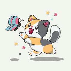 Here is a sentence describing the content of the provided image in 12 words, without using the specified restricted words

Calico kitten joyfully chases pretty pastel butterfly amidst colorful confett