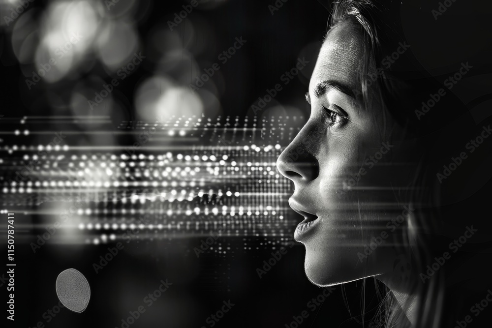 Poster Creative representation of digital communication through a womans lips with vibrant light and connectivity symbols in a dark environment