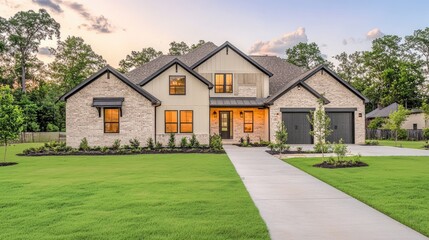 Luxury farmhouse home with stone exterior, large windows, and landscaped lawn at dusk.
