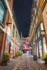 Fototapeta premium A vibrant London street features festive Christmas lights, tall brick buildings, colorful murals, and potted plants, creating a lively holiday atmosphere.
