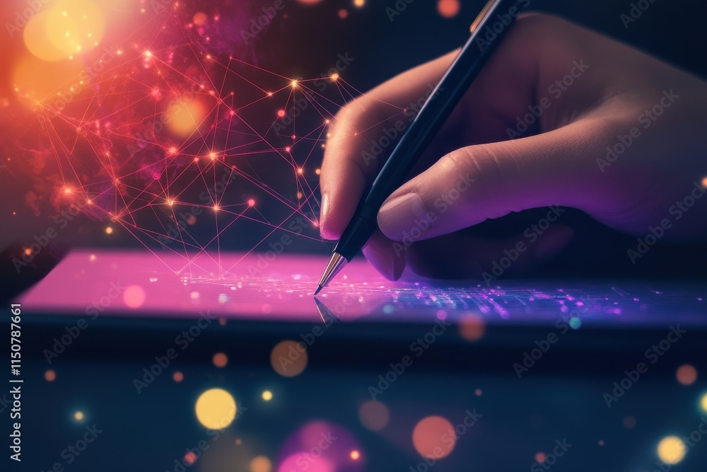 Poster stylish hand writing on tablet with modern data streams and neural network overlay in vibrant tones,
