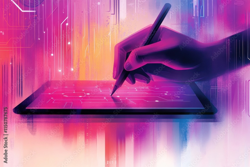 Poster modern hand writing on tablet with neural networks and data streams in cool tones, vector art illust