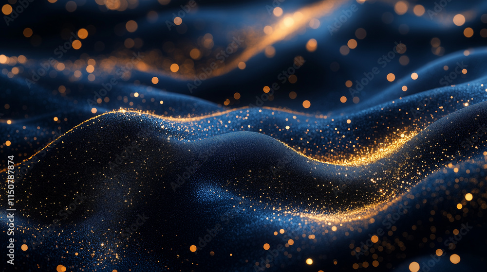 Poster a vibrant navy background enriched with shimmering gold particles and soft golden bokeh. the scene e