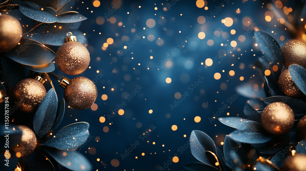 Poster a vibrant navy background enriched with shimmering gold particles and soft golden bokeh. the scene e