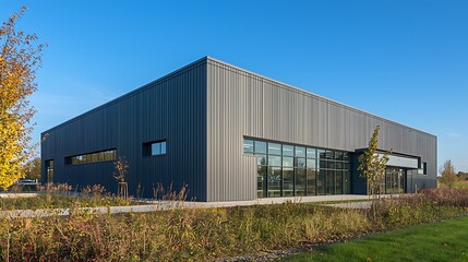 Fototapeta premium Modern gray warehouse building with blue sky.