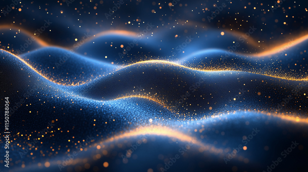 Poster an artistic navy background blended with soft golden bokeh and sparkling particles. the abstract des