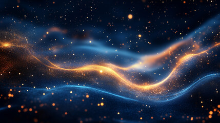 Obraz premium An abstract navy blue backdrop with swirling gold foil textures and festive golden lights. The glowing particles add depth and sophistication to the holiday theme.