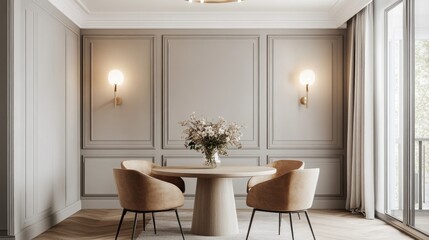 Minimalist Dining Room Interior with White Flowers