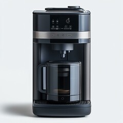 Modern coffee maker with black and silver detailing, styled on a seamless white background with soft lighting.