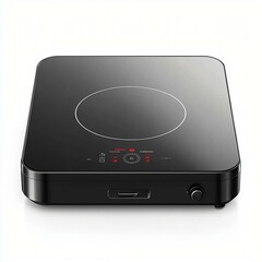 Fototapeta premium Portable induction cooktop with a glossy black surface, centered on a seamless white background.