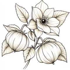 Elegant monochrome floral illustration of a flower and two seed pods.