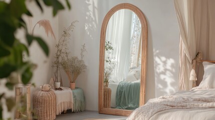 Bohemian Bedroom with Wicker Mirror and Canopy Bed