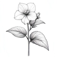 Fototapeta premium Single hibiscus flower with leaves and bud, line art drawing.